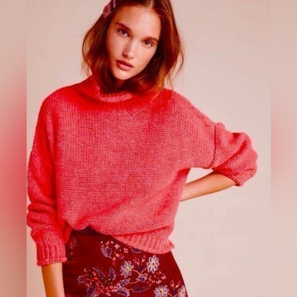Anthropologie Lottie Rolled‎ Hem Mock Neck Sweater Coral Pink Sz SP